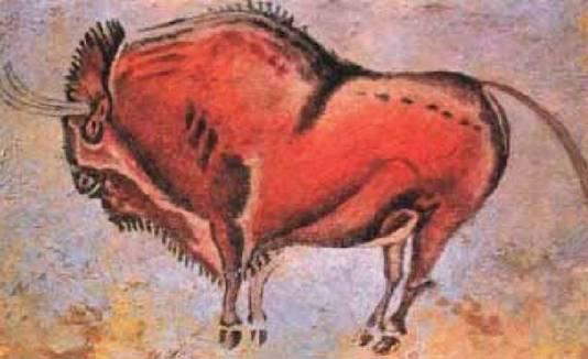 Spain. Altamira Cave. Image of a bull. Rock painting of primitive man
